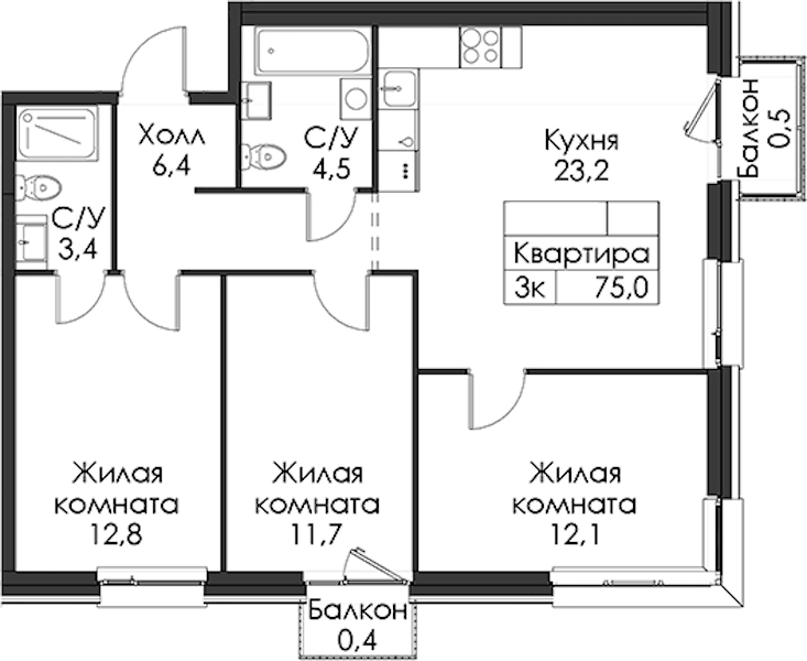 3-комнатная квартира 75 м², 6/12 эт., ЖК «Шкиперский 19»
